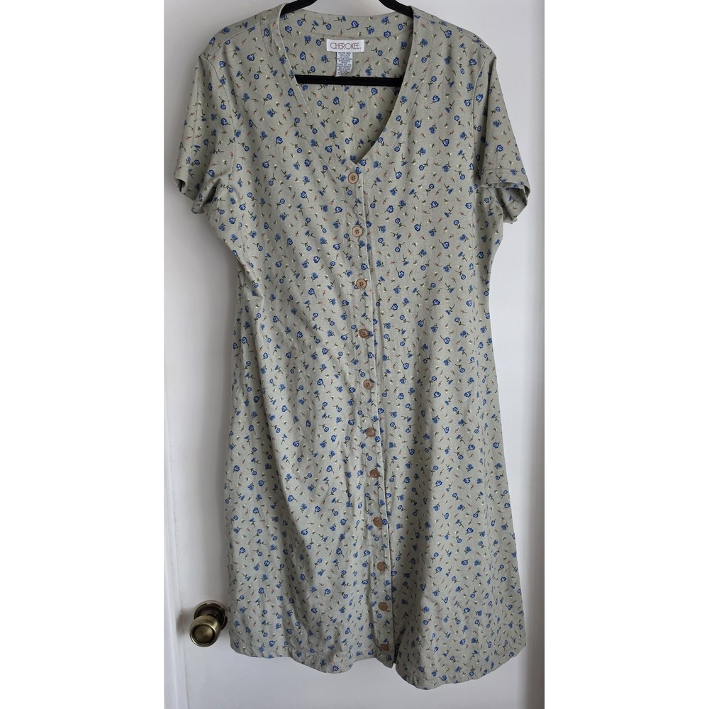 VTG Cherokee Large Floral Midi Dress Green Cotton Short Sleeve Vintage Sundress